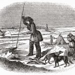 Chippewa native american people ice fishing hole on winter landscape. Ancient engraving style art The Penny Magazine, London 1837